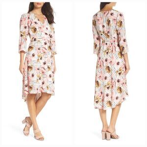 Charles Henry S Cream Stripe Floral Hi Lo Faux Wrap Dress 631